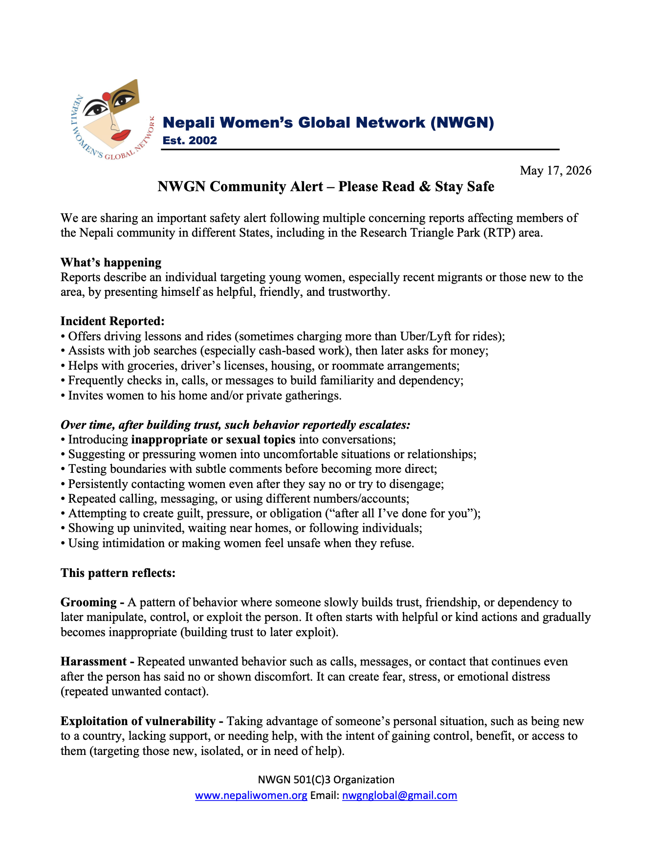NWGN Community Alert – Please Read & Stay Safe