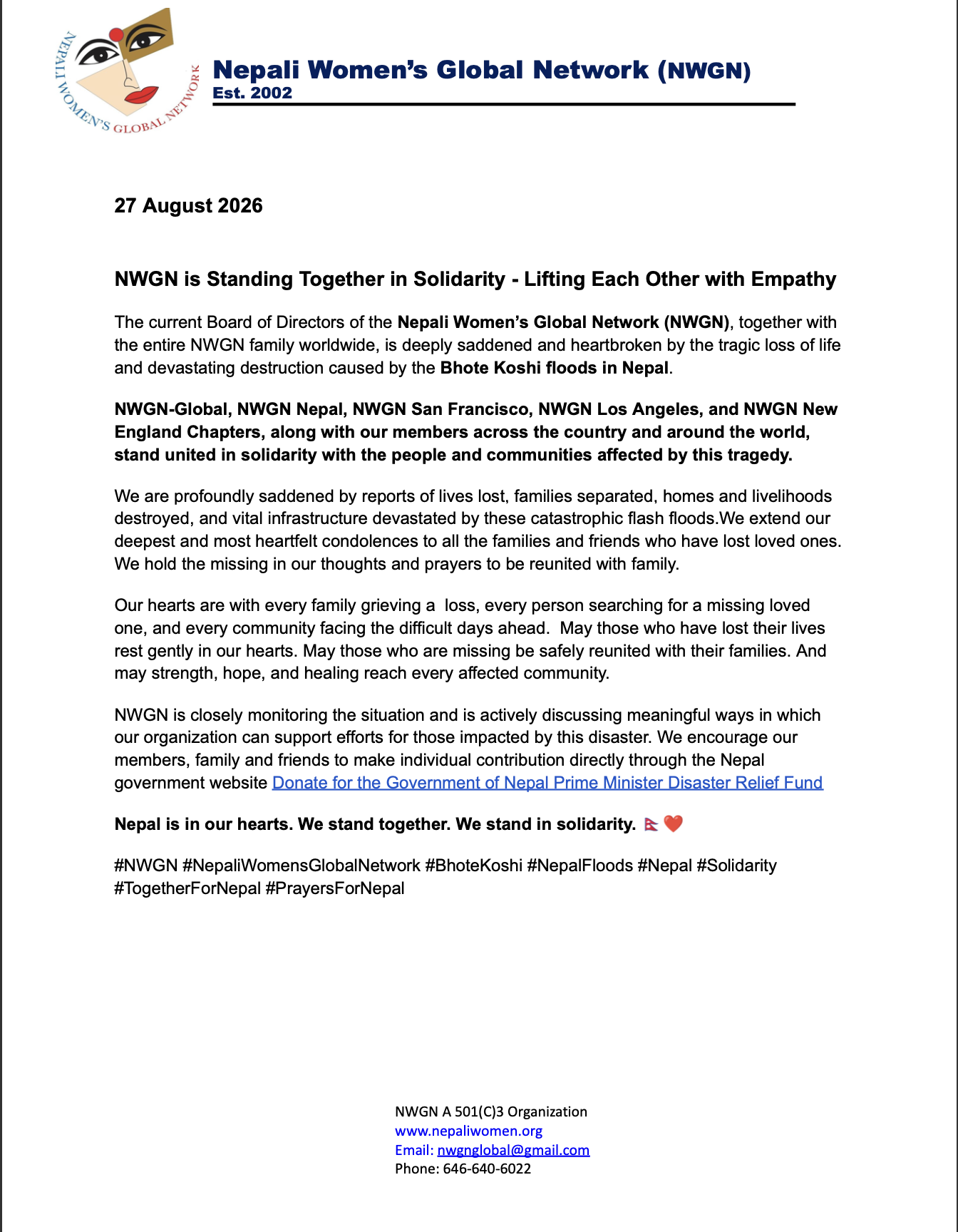 NWGN is Standing Together in Solidarity – Lifting Each Other with Empathy, August 27, 2026